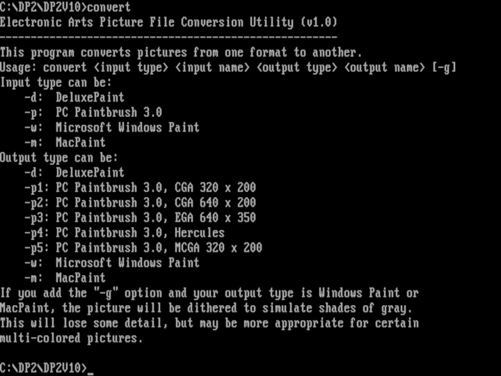 Screenshot of CONVERT.EXE command options