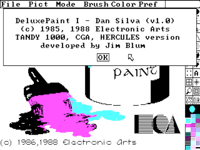 Screenshot of DeluxePaint I v1.0 with 1985, 1986 and 1988 copyright dates