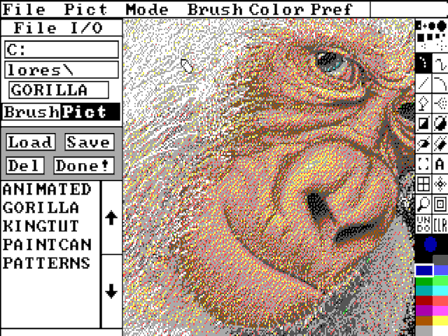 Screenshot of DeluxePaint I in Tandy 16 color mode with GORILLA image loaded